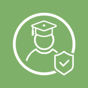 icon of student with mortar board cap and shield with checkmark