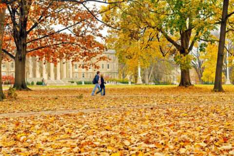 Grounds in front of Old Main covered in golden leaves. Trees with red and yellow leaves. Two people walking on path mid-ground. Columns of Old Main visible in distance.