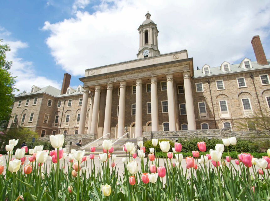 Old Main building with white and pink tulips in foreground, blue sky with fluffy white clouds.