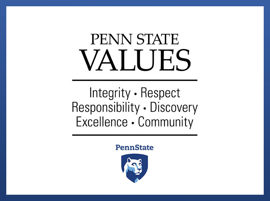 Image of Text with blue border. Penn State Values. Integrity, Respect, Responsibility, Discovery, Excellence, Community. Penn State Shield mark.