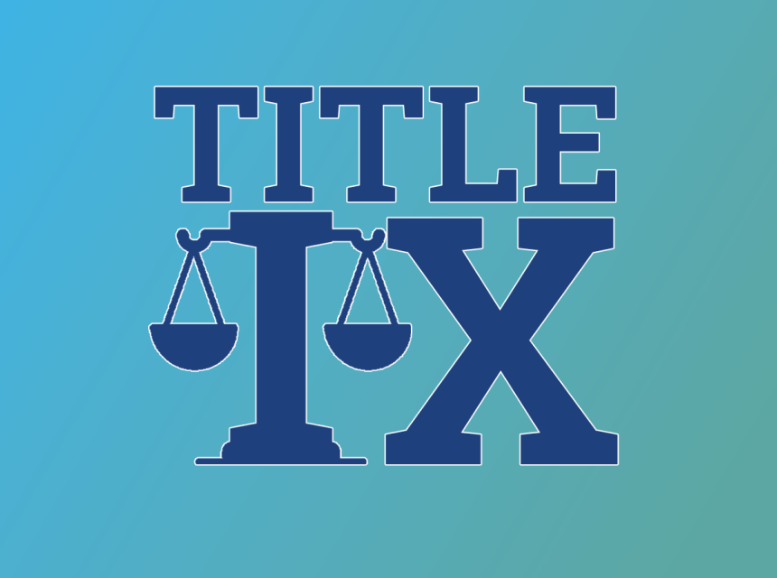 Title IX with justice scales acting as the Roman numeral "I"